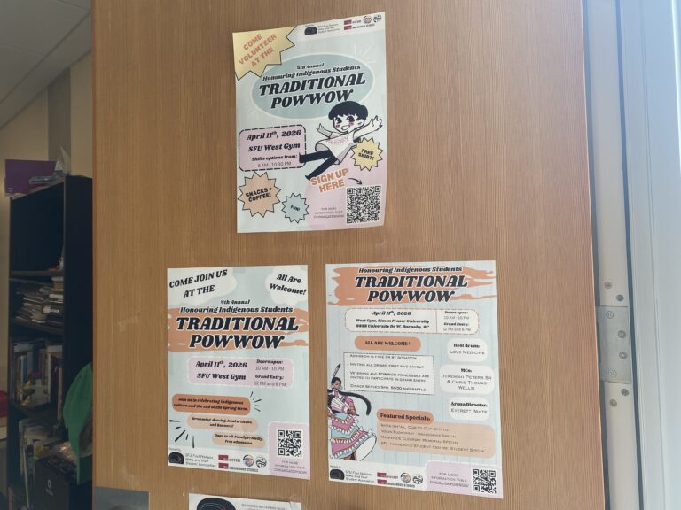 Three posters advertising the "Honouring Indigenous Students" Powwow on April 11 at Simon Fraser University